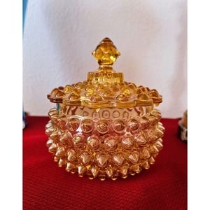 Fenton Honey Amber Glass Seed Pod Hobnail Dish With Lid
